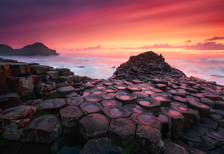 Blood red sunset over the Antrim sea