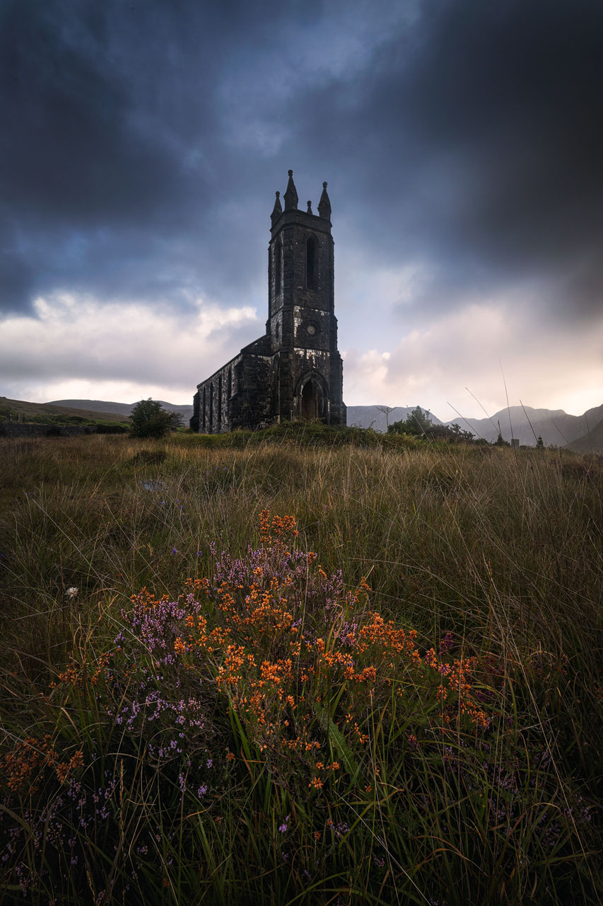 The old Dunlewey Church on a gloomy day.