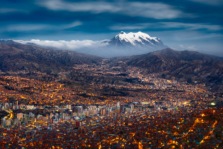 View upon the city of La Paz during blue hour