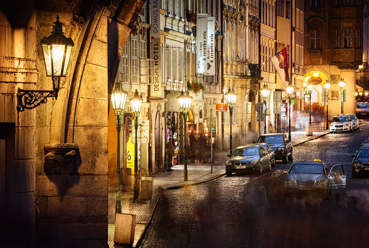 Longtime exposure of a historic street during blue hour