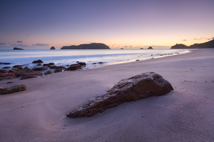 Colorful sunrise at beautiful Hahei beach at Coromandel Peninsula