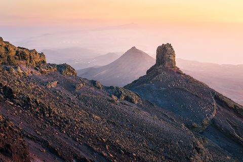 El Castillo View from an outcrop beneath the El Castillo Mountain toward the Jandia Peninsula in warm sunset light.