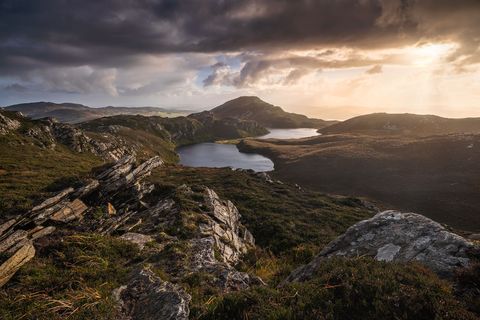 The Devils Backbone A small mountain ridge in Donegal on a stormy evening in beautiful light.